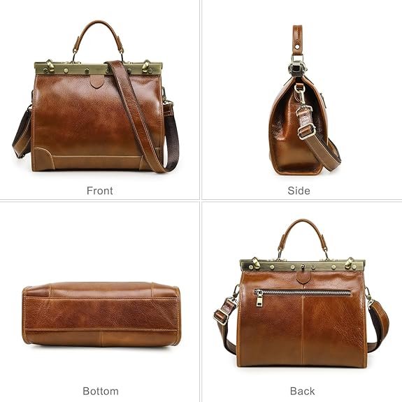 Full-Grain Leather Doctor Bag Purse for Women, Vintage Handbag
