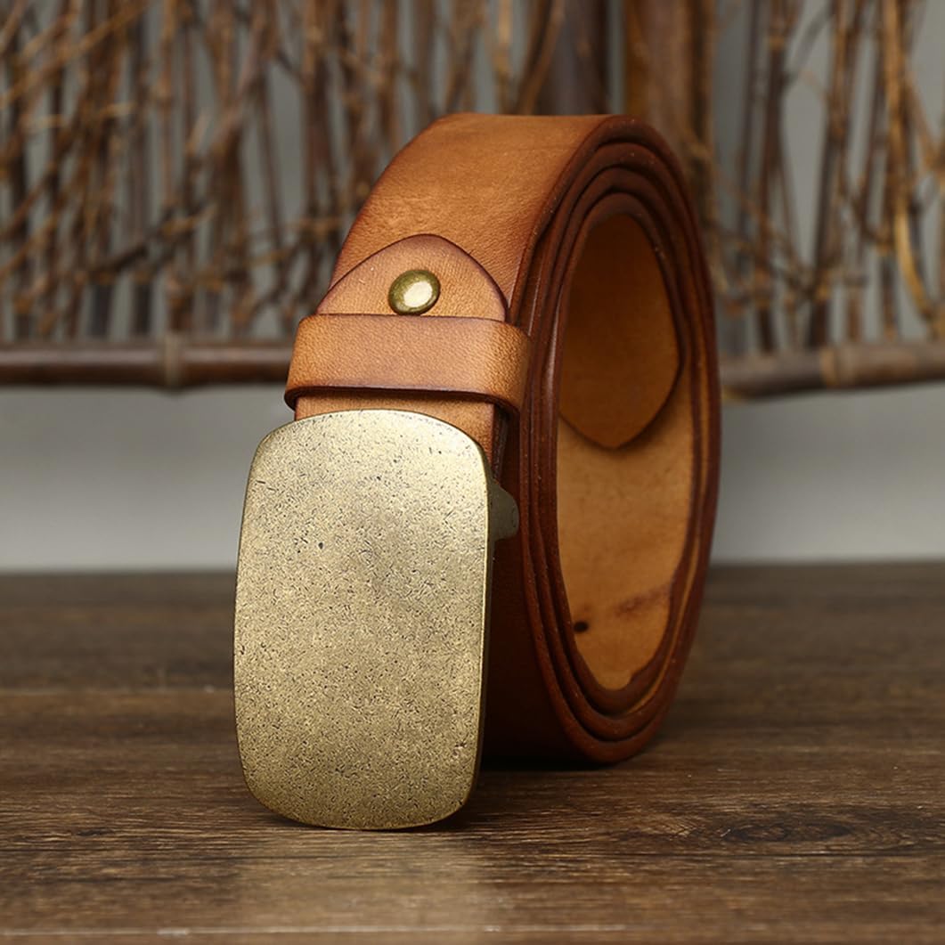 Handcrafted Cowhide Leather Belt with Solid Brass Gold Buckle, Brown, 39 Inch