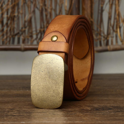 Handcrafted Cowhide Leather Belt with Solid Brass Gold Buckle, Brown, 39 Inch