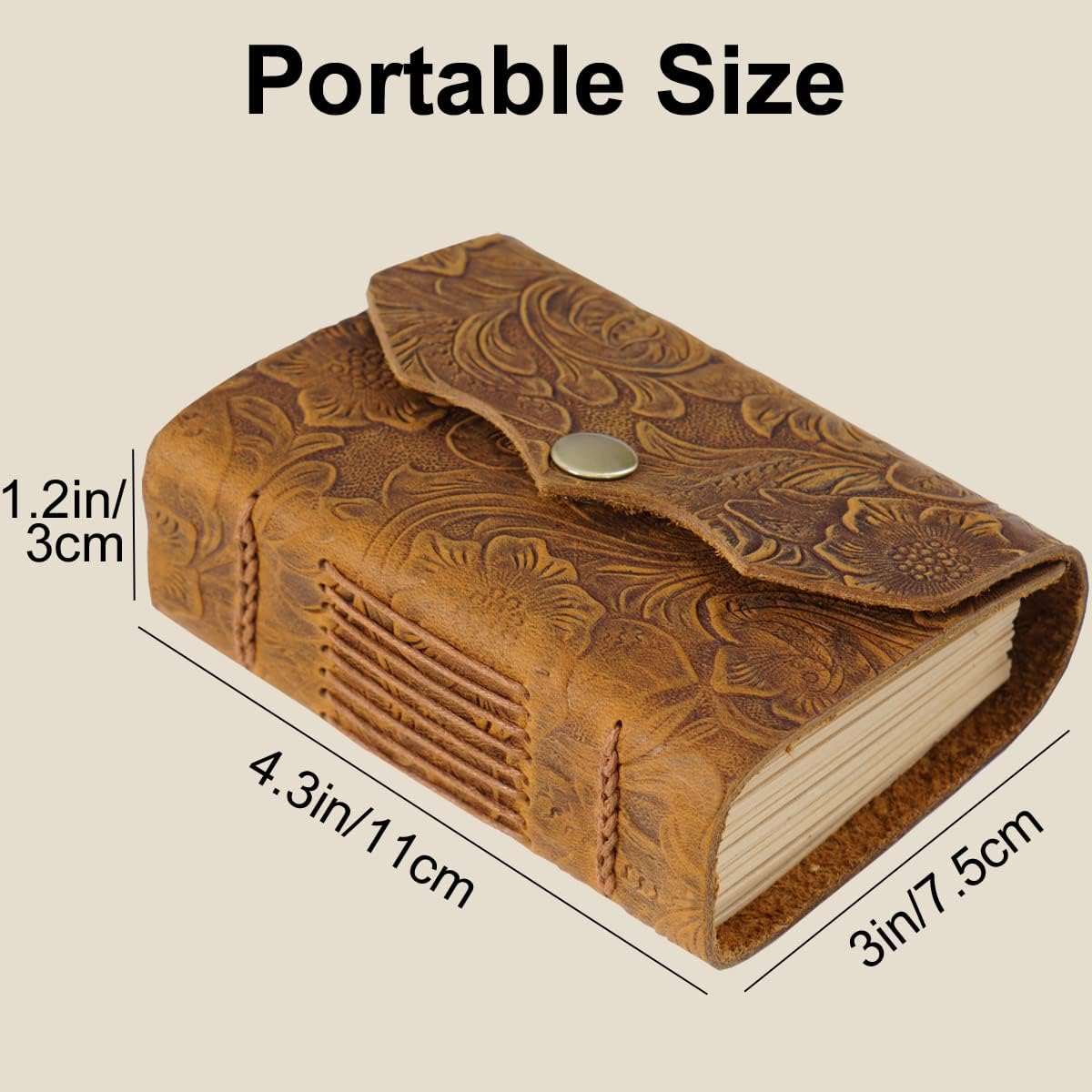 Leather Pocket Notebook, 4.3x3 Inch, 320 Pages Kraft Paper Embossed Journal, Mini Handmade Unlined Scrapbook