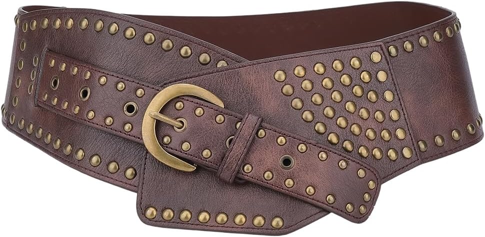 Black Wide PU Leather Western Waist Belt with Bronze Rivets