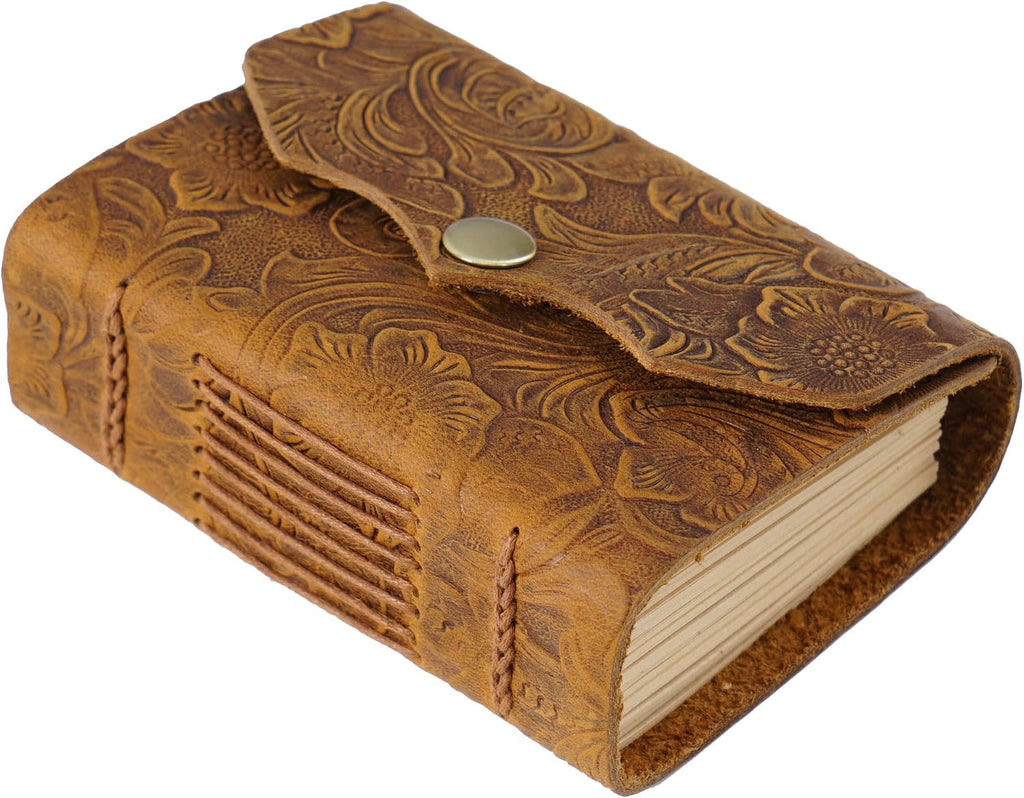Leather Pocket Notebook, 4.3x3 Inch, 320 Pages Kraft Paper Embossed Journal, Mini Handmade Unlined Scrapbook