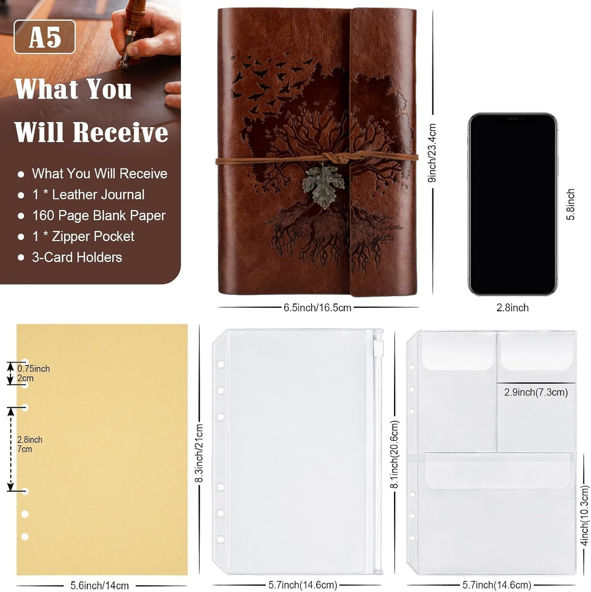 Refillable Vintage Leather Journal with Blank Pages, A5 160 Pages, Brown