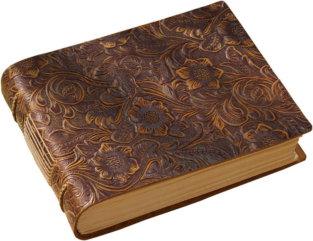 Vintage Embossed Sketchbook, Crazy Horse Leather Cover Journal, 400 Kraft Pages, Brown, 5.5x7.5 Inch