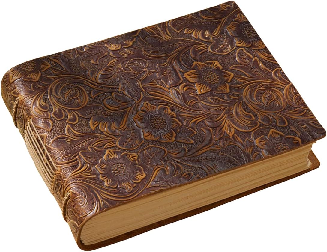 Vintage Embossed Sketchbook, Crazy Horse Leather Cover Journal, 400 Kraft Pages, Brown, 5.5x7.5 Inch