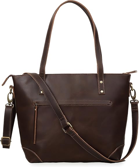 Large Genuine Leather Tote Bag with Adjustable Strap, Vintage Brown, 16x6x13 Inch