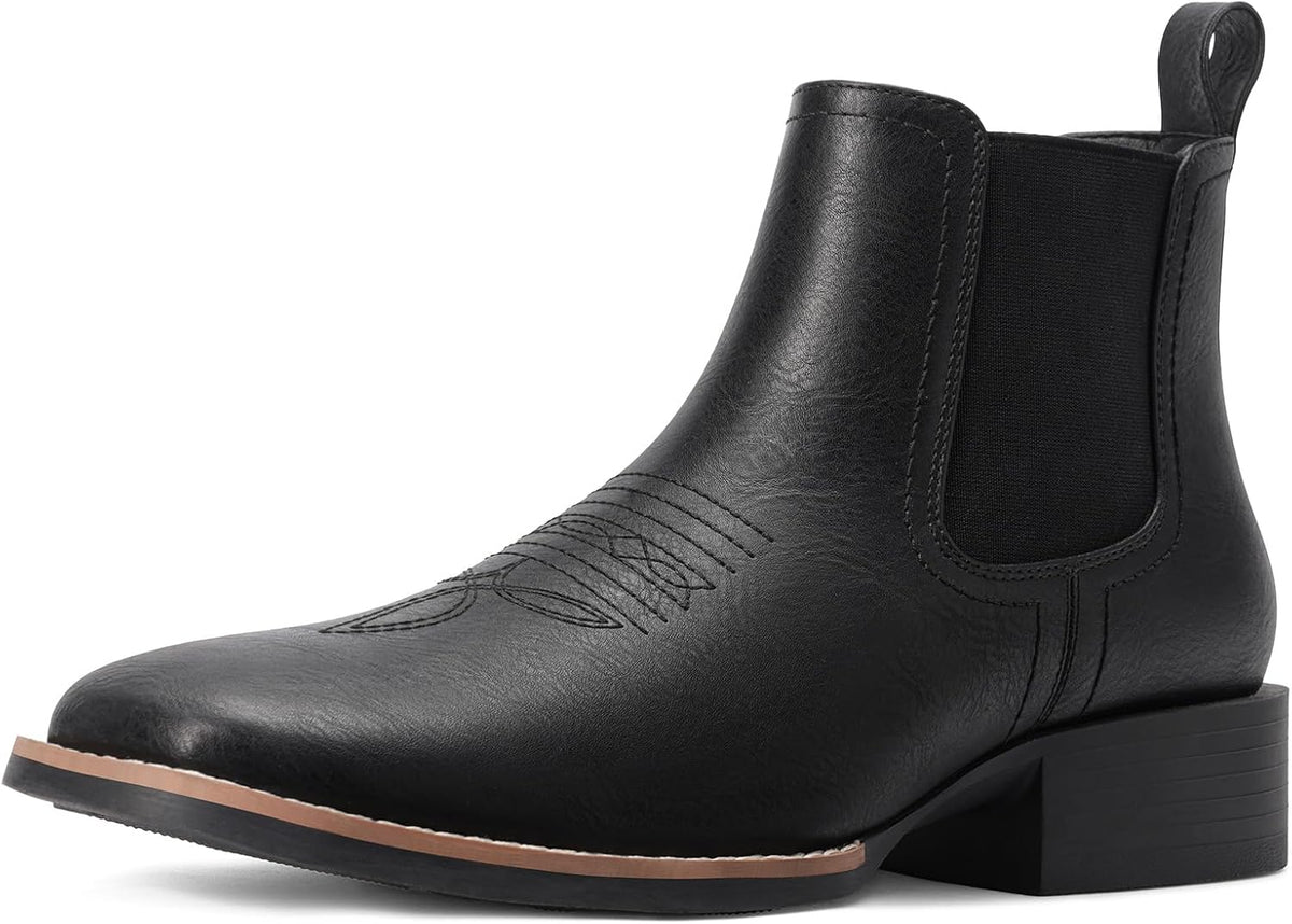 Men's Western Cowboy Chelsea Boots, Square Toe Retro with Side Zipper