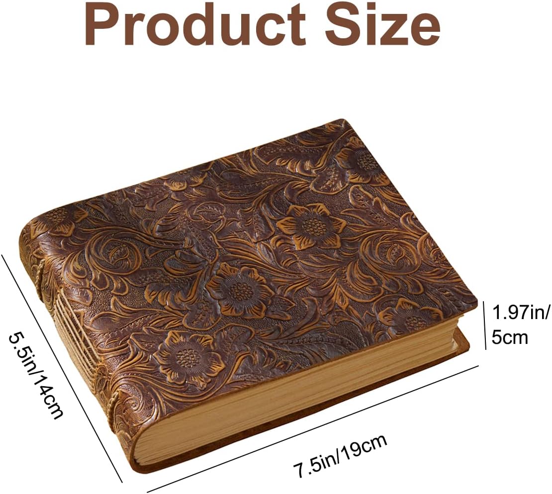 Vintage Embossed Sketchbook, Crazy Horse Leather Cover Journal, 400 Kraft Pages, Brown, 5.5x7.5 Inch