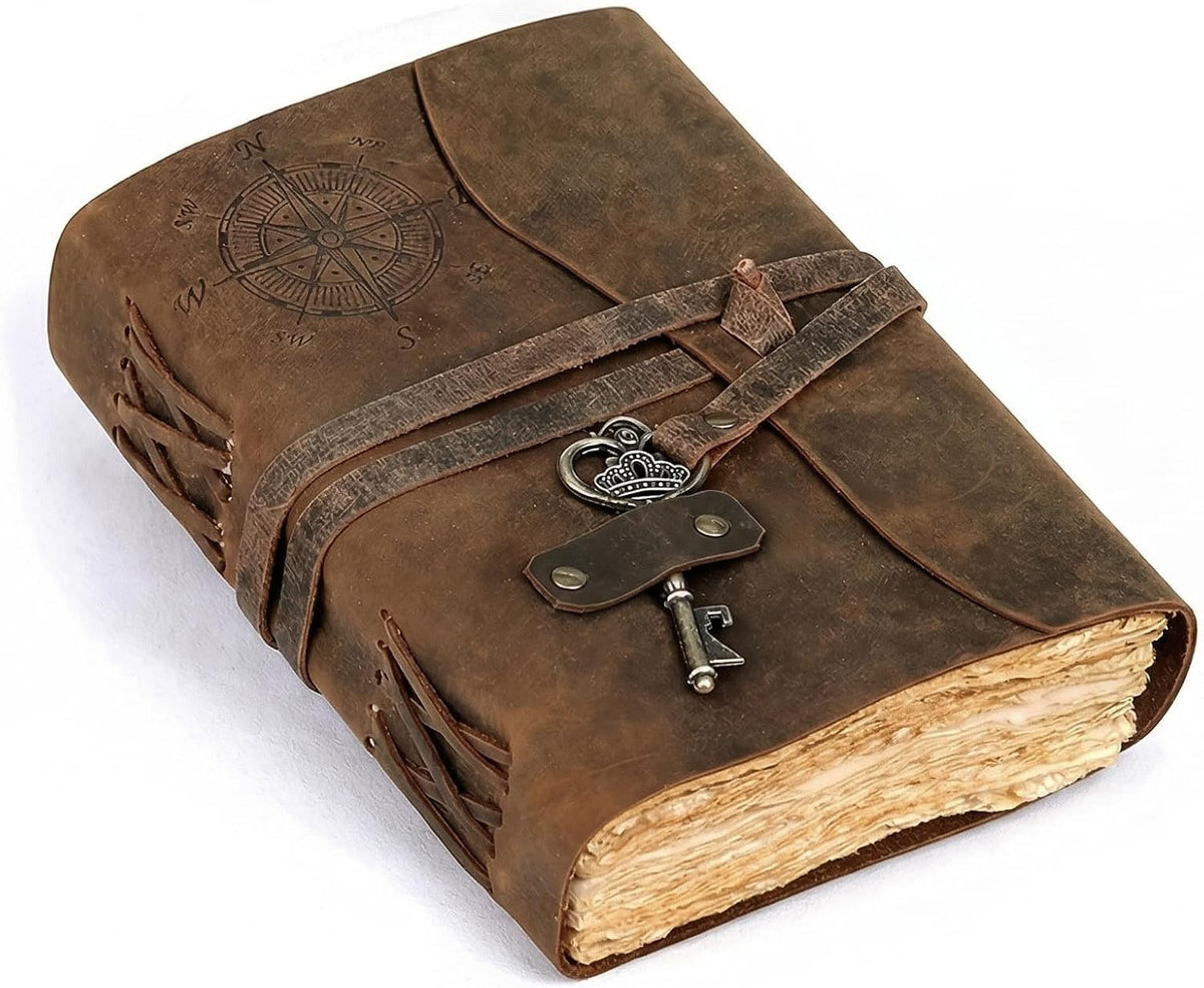 Vintage Leather Journal with Compass, Handmade Deckle Edge Paper, 5x7 Inch