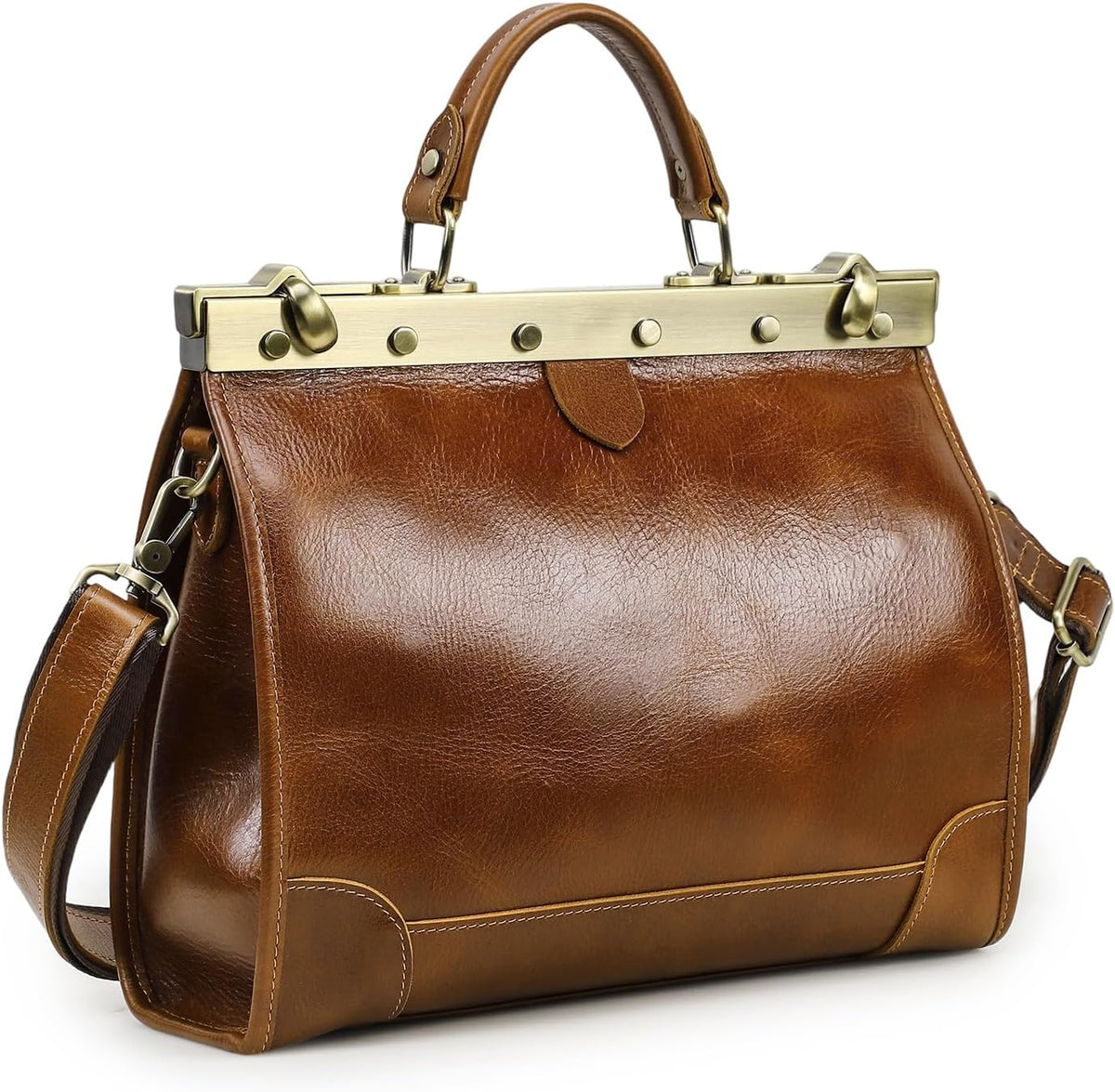 Full-Grain Leather Doctor Bag Purse for Women, Vintage Handbag