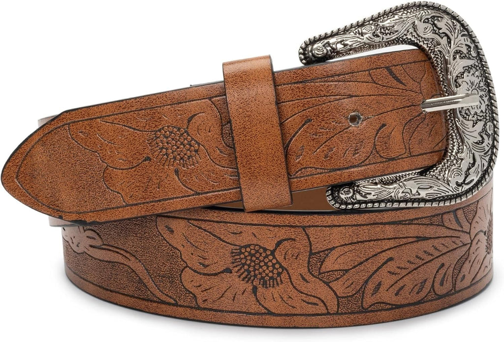 Women's Vintage Western Leather Belt with Hollow Out Flower