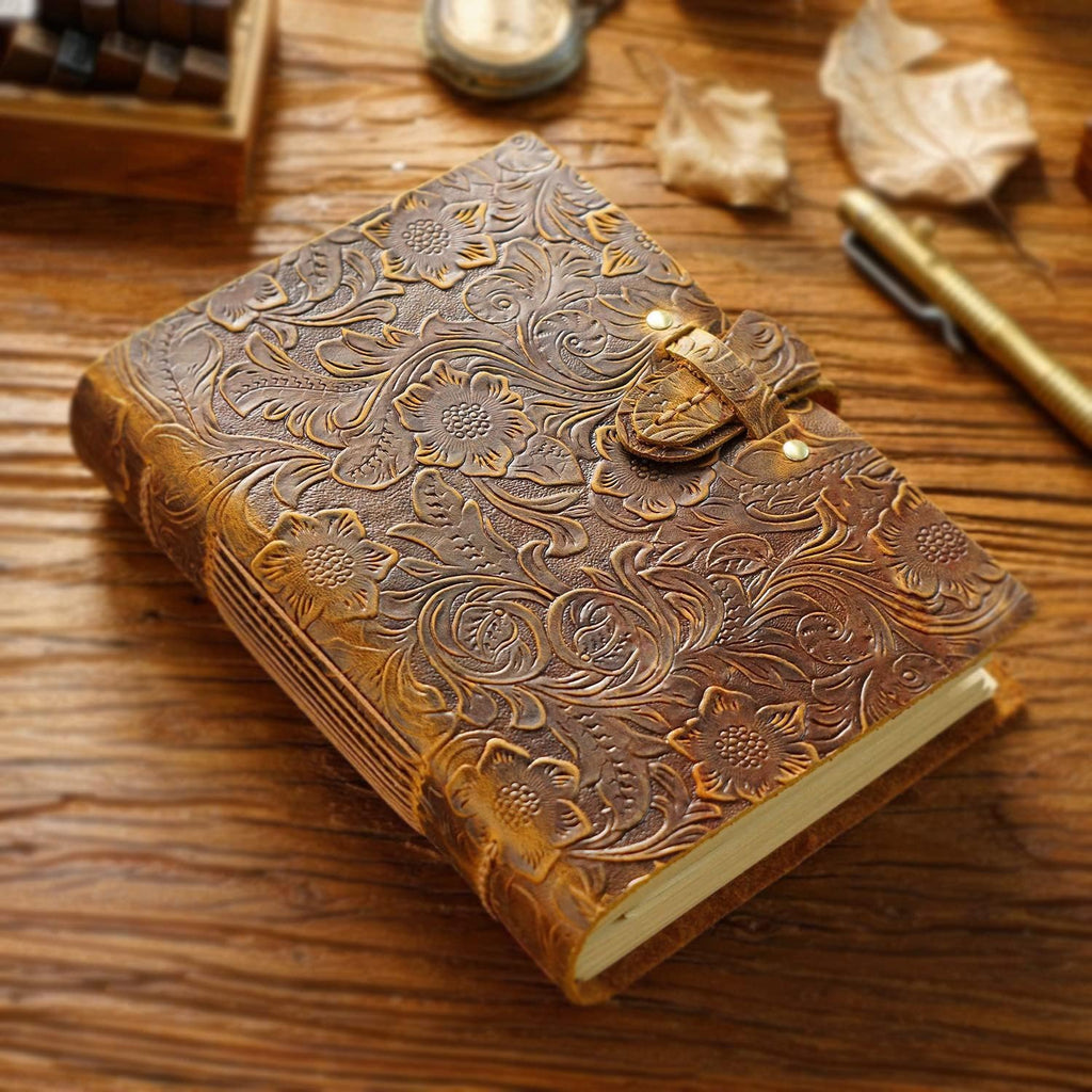 Leather Journal Notebook, 400 Pages Kraft Paper Embossed Sketchbook, Vintage Brown, 7.5x5.5 Inch