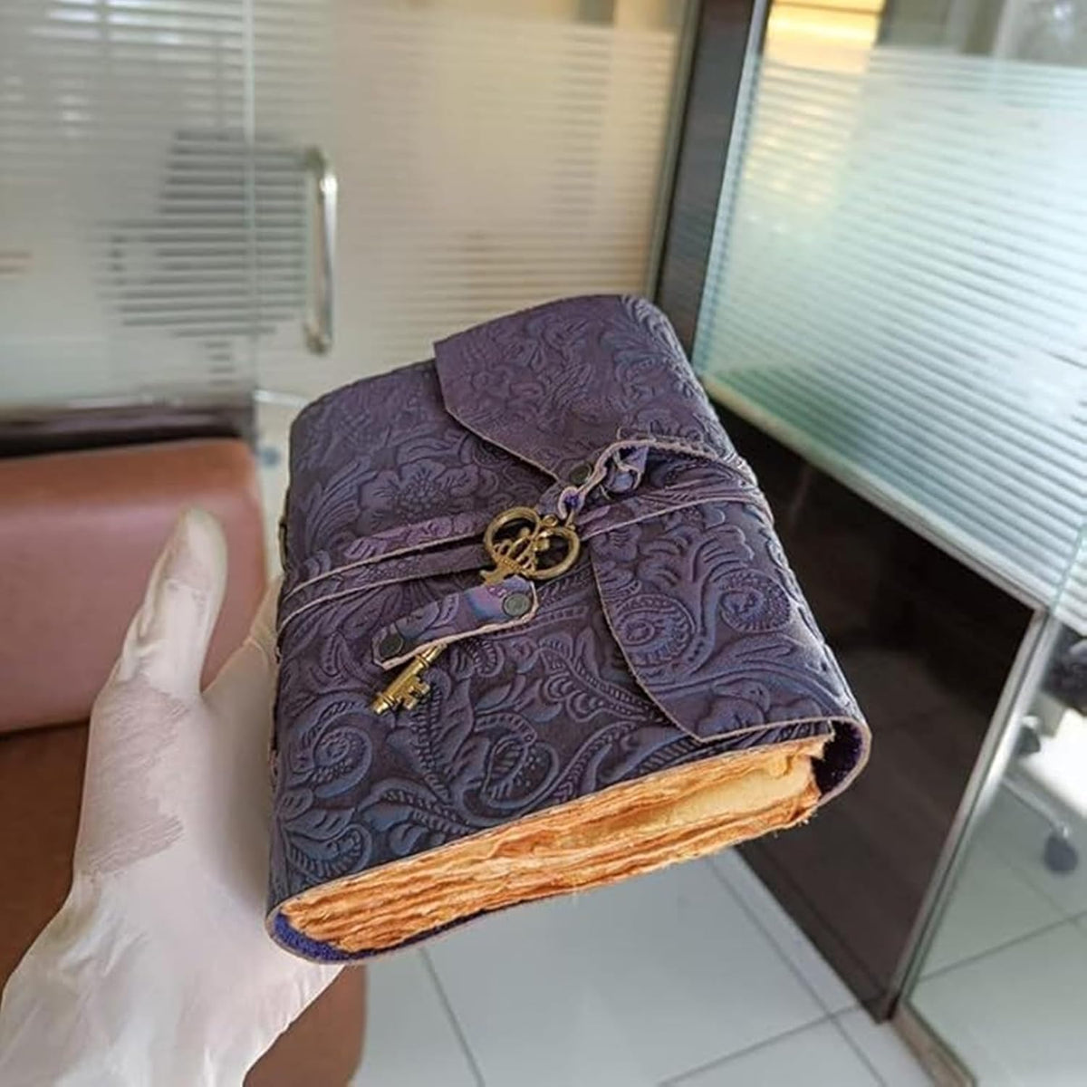 Embossed Leather Journal with Antique Key, Handmade Sketchbook Travel Journal, Blue