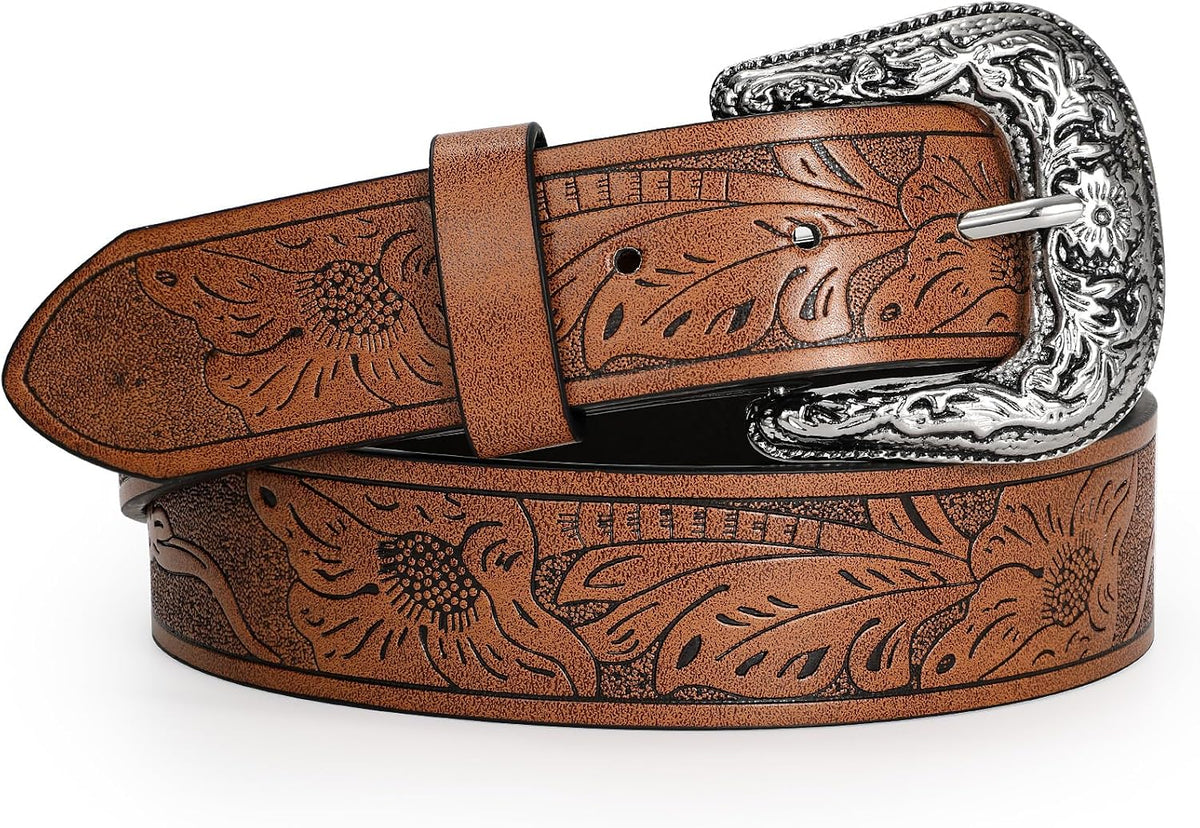 Adjustable Vintage Western Belt with Engraved Buckle