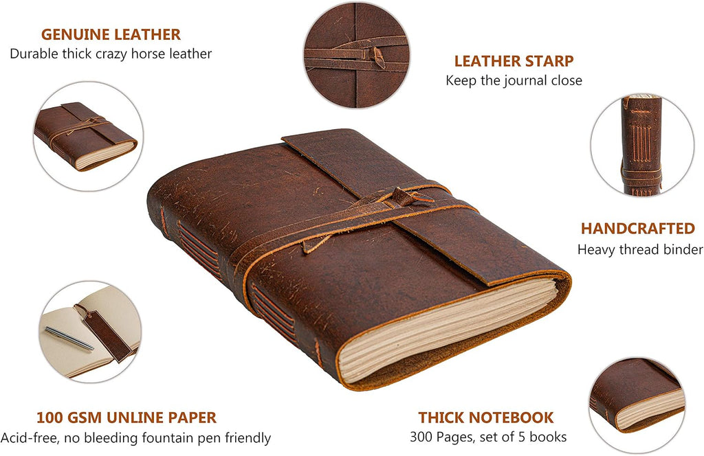 Handmade Vintage Leather Bound Journal, Unlined Paper 300 Pages, 7.5x10 Inch