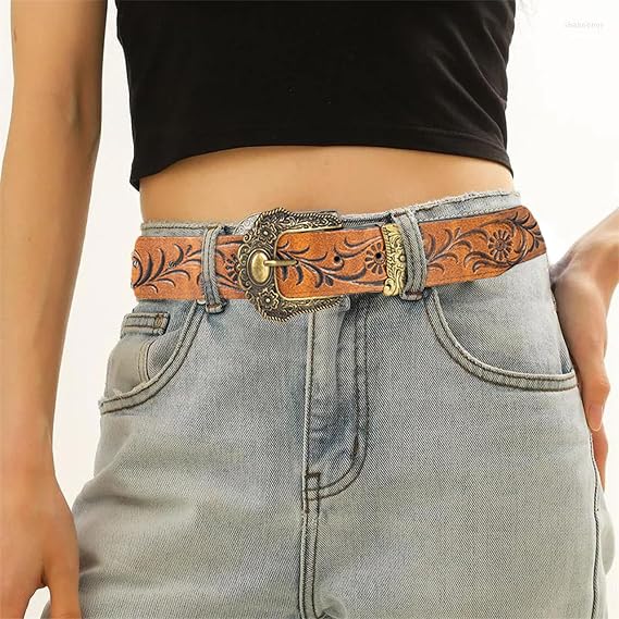 Vintage Western Belt for Women with Floral Carved Design
