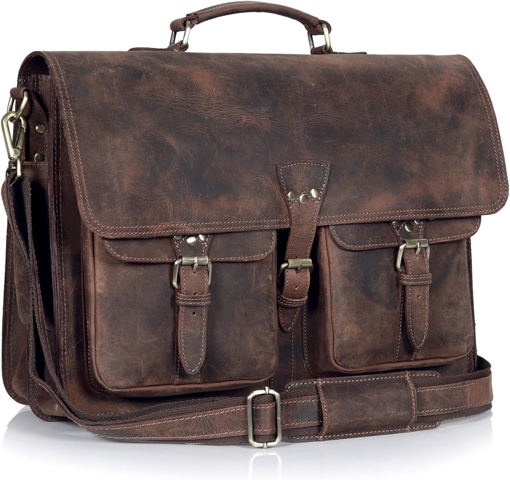 Vintage Leather Messenger Bag, Multi-Pocket Briefcase Satchel, Laptop Shoulder Bag