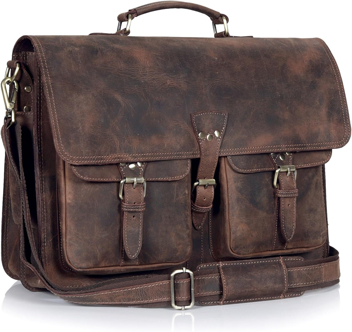 Vintage Leather Messenger Bag, Multi-Pocket Briefcase Satchel, Laptop Shoulder Bag