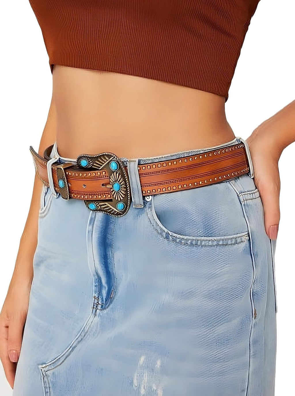 Adjustable Vintage Western Belt with Engraved Buckle, Waist 29-39 Inch