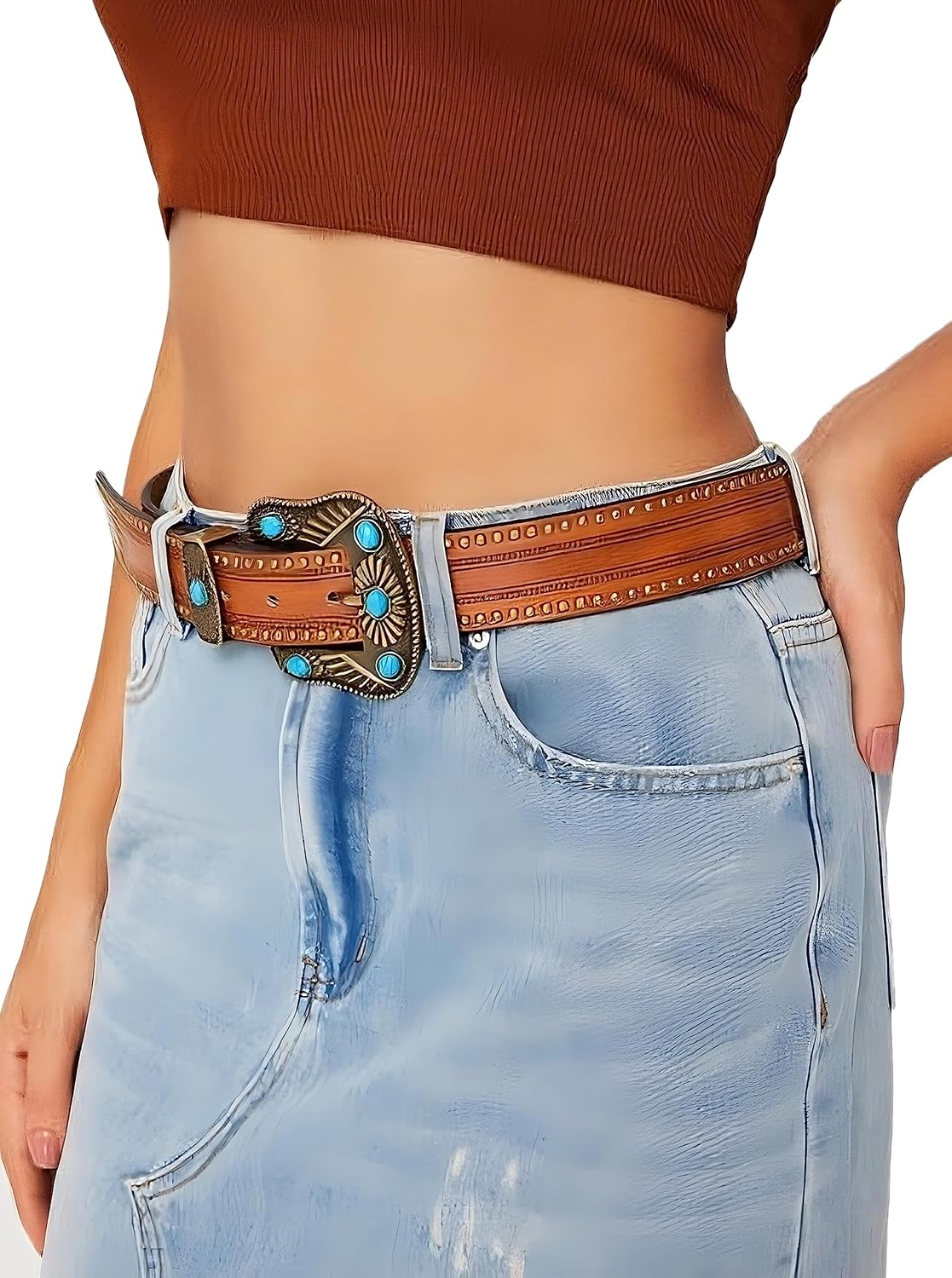 Adjustable Vintage Western Belt with Engraved Buckle, Waist 29-39 Inch