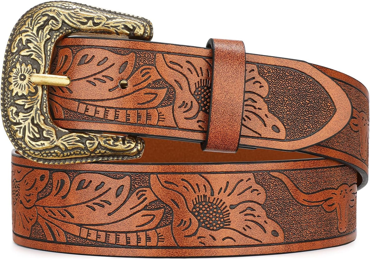 Western Cowgirl Belt with Engraved Buckle for Jeans Dresses