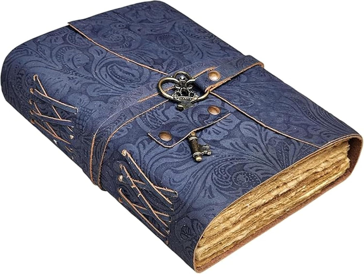Embossed Leather Journal with Antique Key, Handmade Sketchbook Travel Journal, Blue