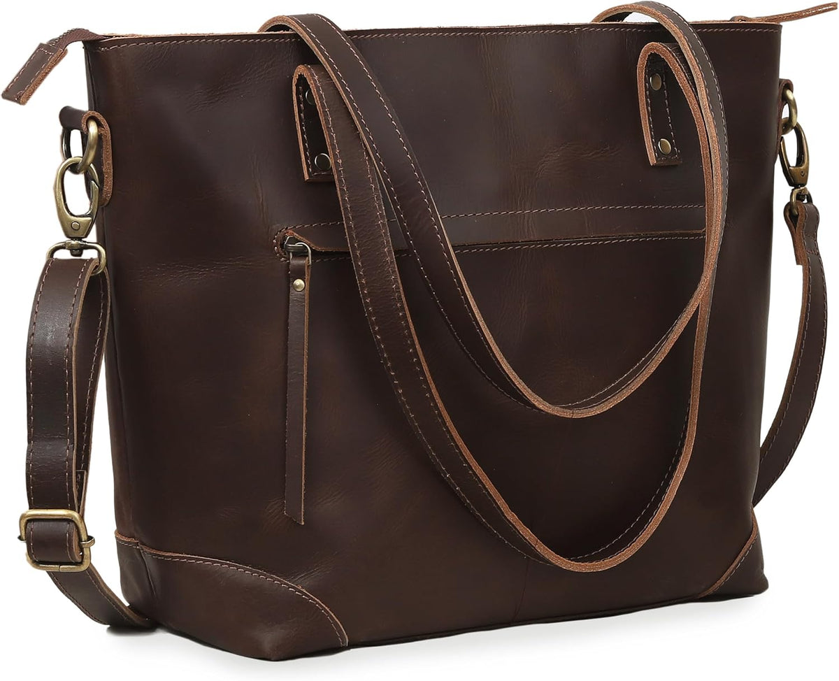 Large Genuine Leather Tote Bag with Adjustable Strap, Vintage Brown, 16x6x13 Inch