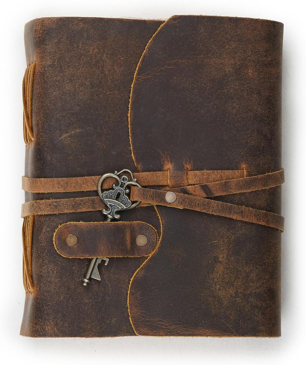 Distressed Brown Leather Journal with Key Lock, 6x4 Inch