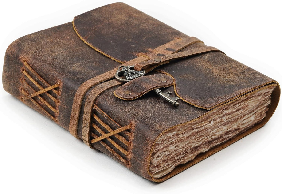Distressed Brown Leather Journal with Key Lock, 6x4 Inch
