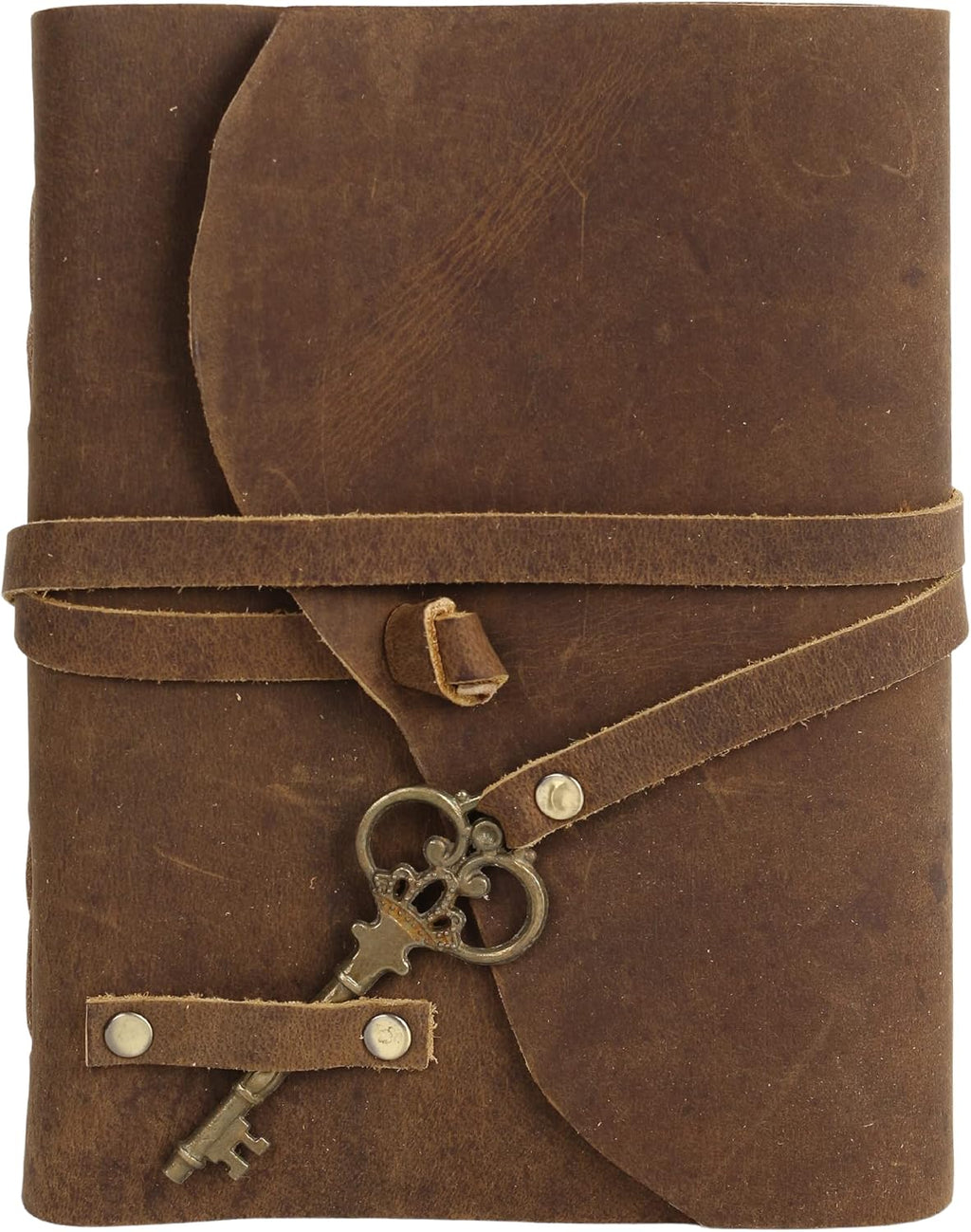 Leather Vintage Journal Retro Travel Diary, Handmade Paper Notebook with Key, 7x5 Unlined, Brown