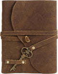 Leather Vintage Journal Retro Travel Diary, Handmade Paper Notebook with Key, 7x5 Unlined, Brown