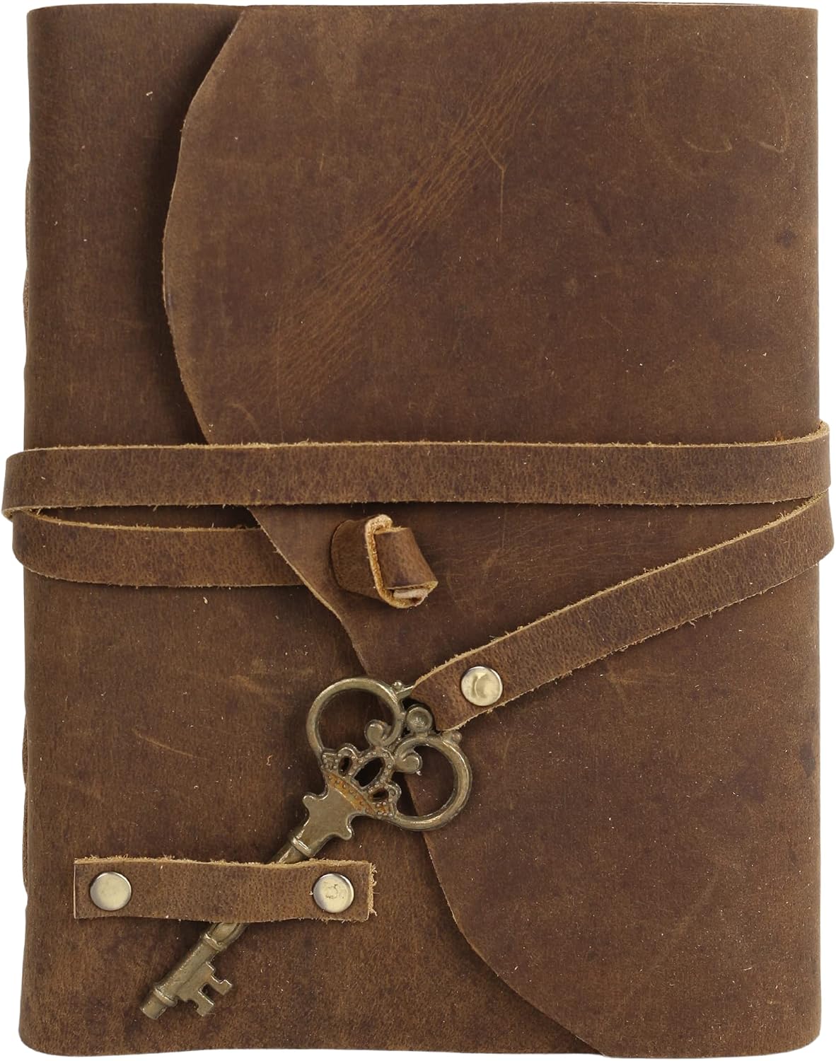 Leather Vintage Journal Retro Travel Diary, Handmade Paper Notebook with Key, 7x5 Unlined, Brown