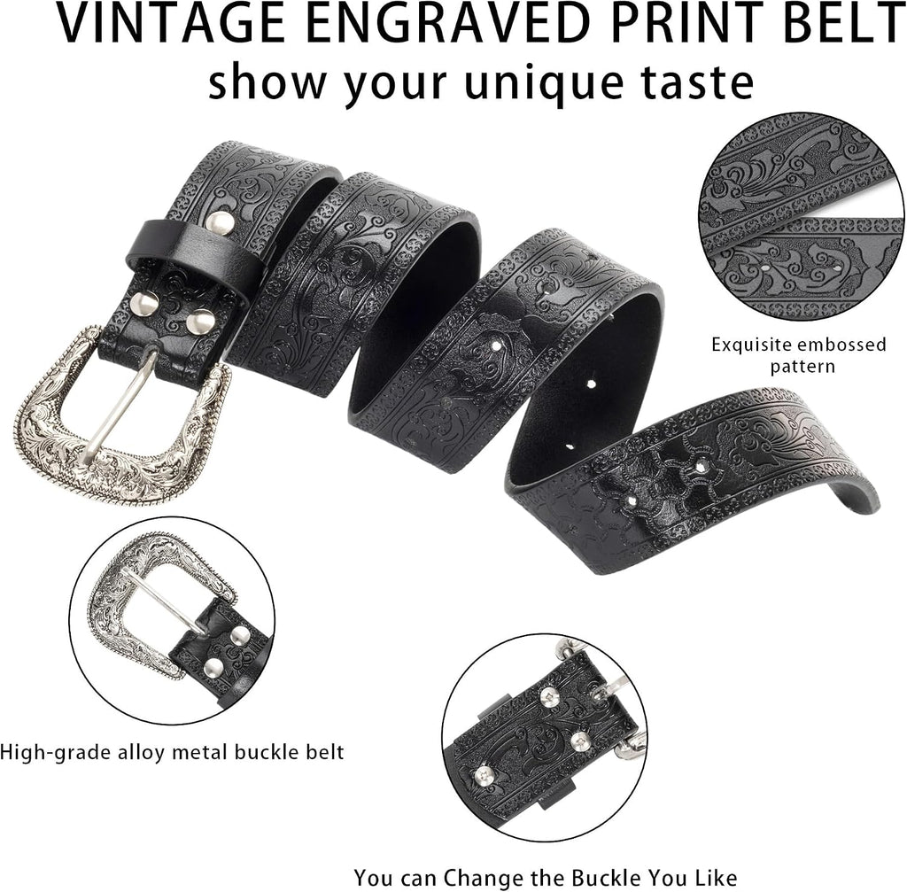 Floral Engraved Western Cowboy Belt with Buckle