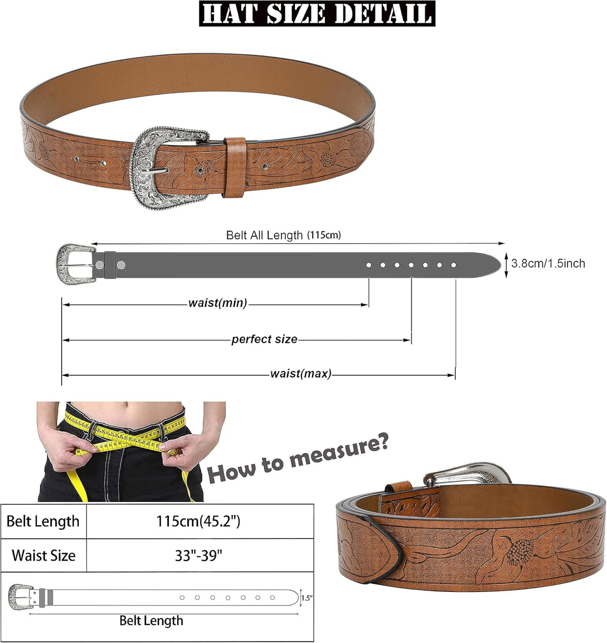 Women's Vintage Western Leather Belt with Hollow Out Flower