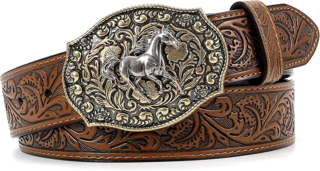 Embossed Leather Western Belt with Horse Buckle