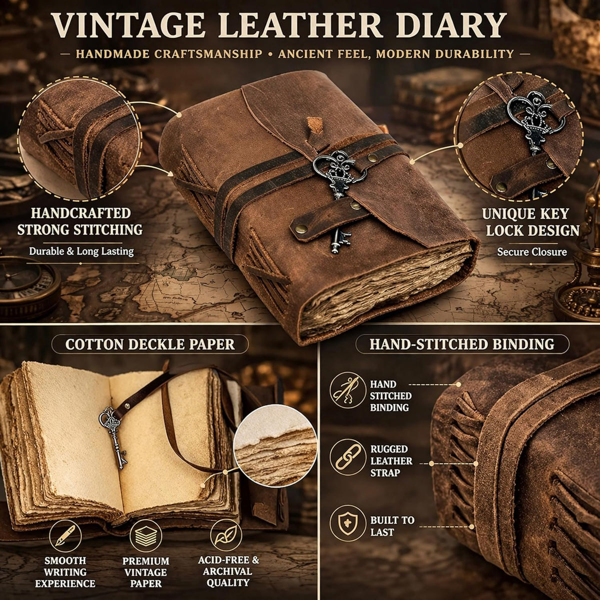 Vintage Leather Journal, Refillable Handmade Bound Notebook with Deckle Edge Paper, Antique Travel Diary, 4x6 Inch